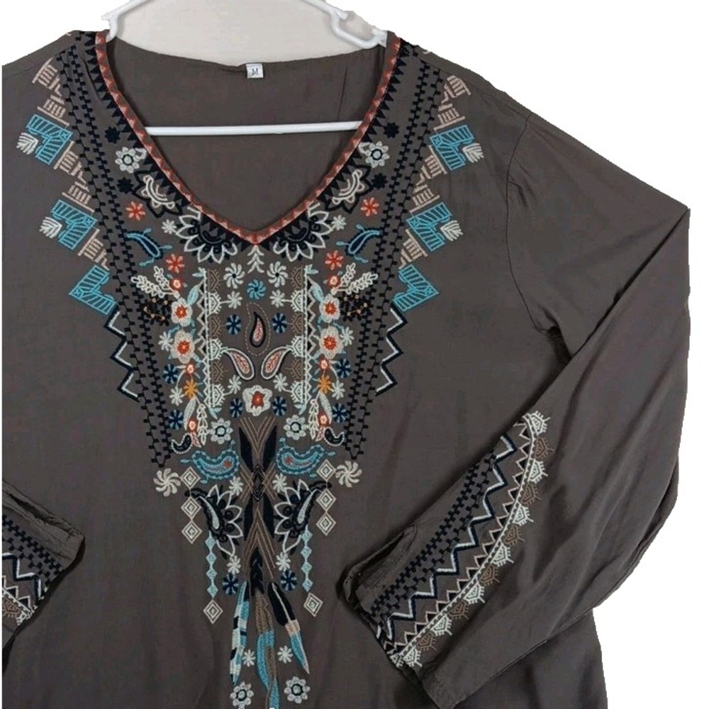 Tunic Etnic Womens Medium Boho Western Floral Embroidered Rayon Flare Top Gray